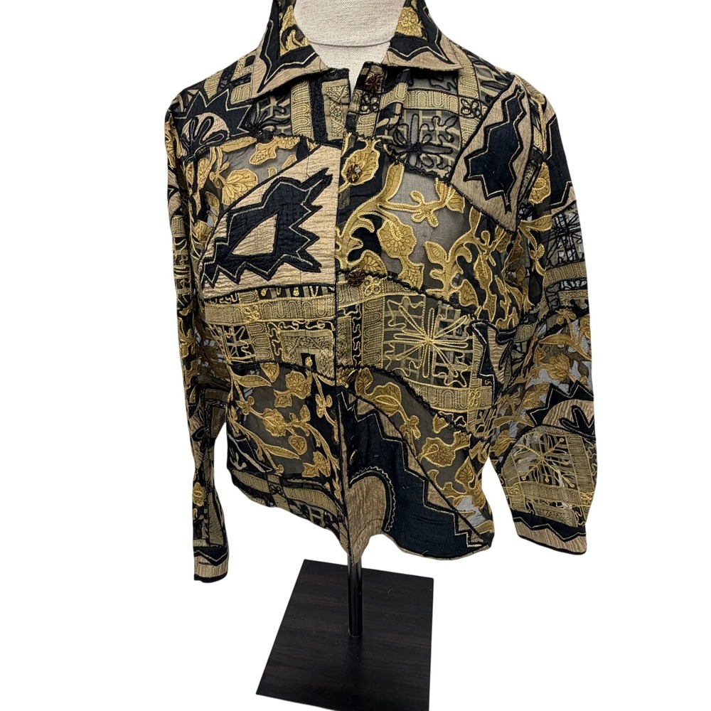 Sandy Starkman Silk Cotton Embroidered Patchwork Sheer Jacket Shirt Women Medium